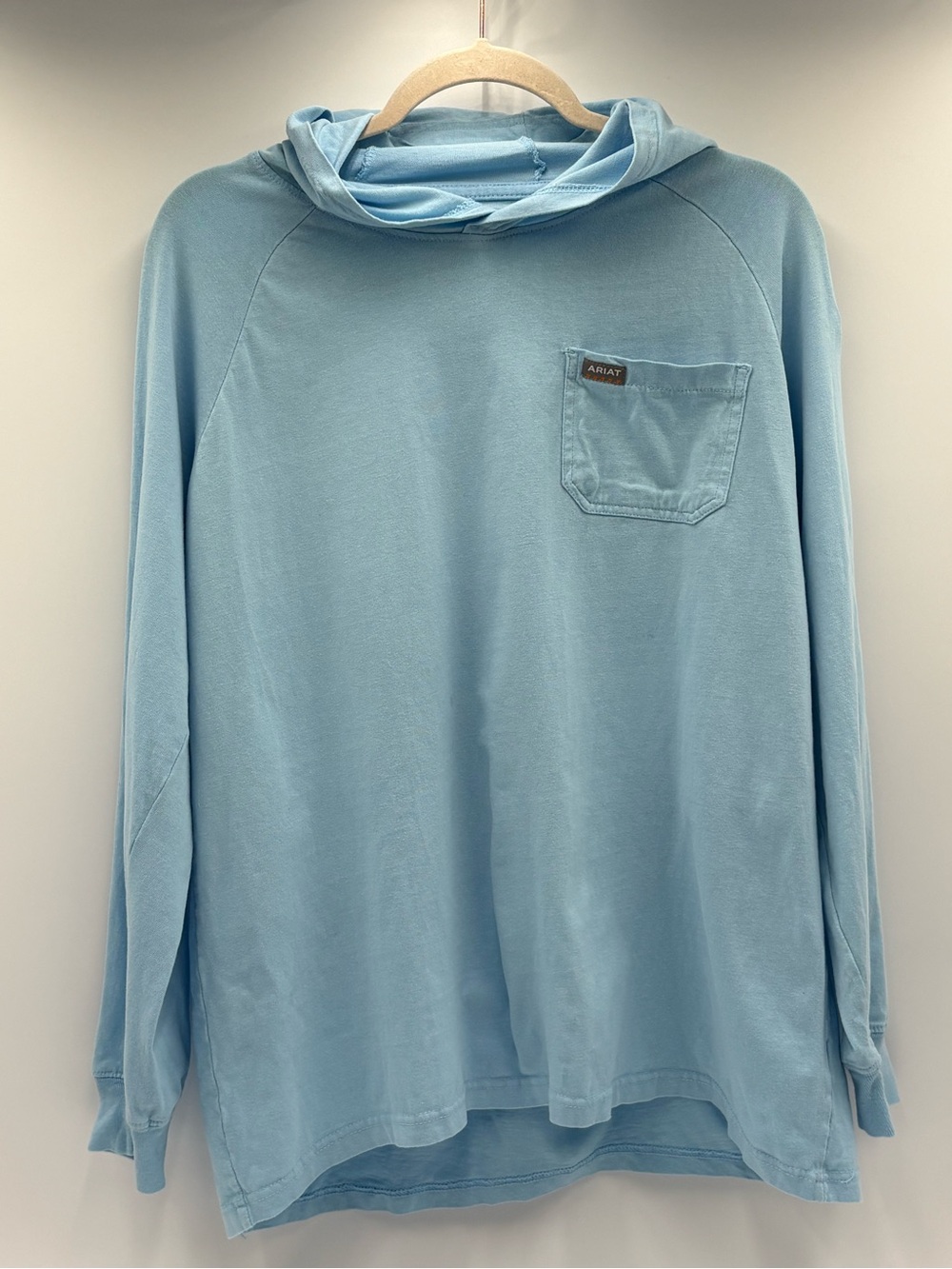 Ariat Rebar Cotton Strong Hooded T-Shirt Womens XL Clear Sky Blue Pocket